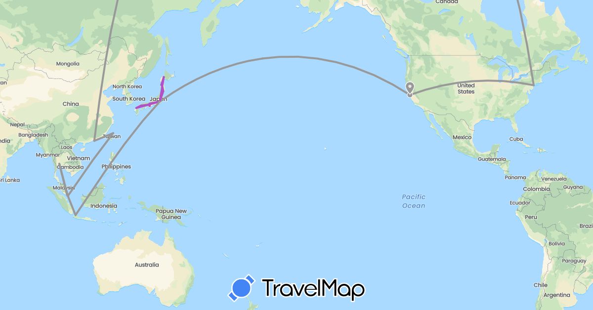 TravelMap itinerary: driving, plane, train in China, Indonesia, Japan, Malaysia, Singapore, Thailand, Taiwan, United States (Asia, North America)